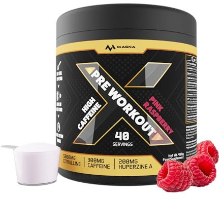 Magna X All-in-One Pre Workout Powder Drink with Caffeine & Citrulline | Pink Raspberry Flavour | Makes 40 Drinks (400g)