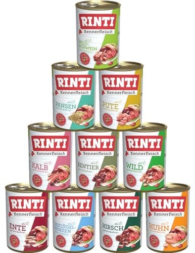 Rinti-Kennerfleisch 10 x 400g Mixpaket | 10 garantierte Sorten | getreidefreies Nassfutter mit 70% Fleisch & Innereien | ohne Soja | Hundefutter