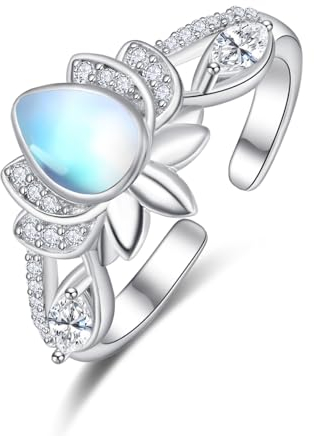 TANGPOET Mondstein Ringe 925 Sterling Silber Lotus Blume Ring für Frauen, Verstellbare Daumen Ring, Valentins Geburtstag Schmuck Geschenke für sie