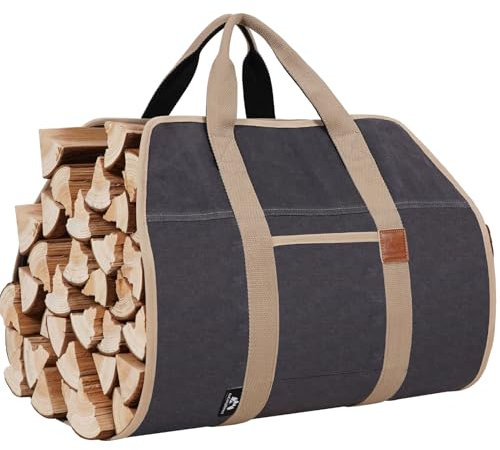 GoCampDirect Kaminholzträger mit Griffen, 99 x 45,7 cm, gewachstes Segeltuch, Kaminholztasche, wasserabweisend, für Camping, Innenbereich, Grau