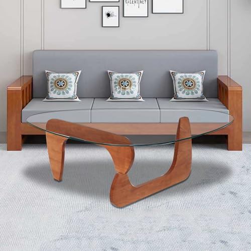 ZJFJMBD Table Basse Triangulaire avec Plateau en Verre et Pieds en Bois Massif, Table Basse Abstraite, Table Basse Salon Moderne Vintage, Coffee Table Glass Triangle (82 x 57 x 40 cm)