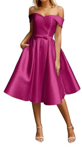 WSEYU Vestido corto de satén con hombros descubiertos para adolescentes, vestido de fiesta de boda con bolsillos, fucsia, 46