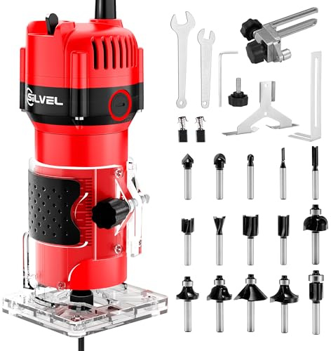 SILVEL - 800W Holz Router Holzbearbeitung Hand-Router Werkzeug 6,5 Ampere 1,25 PS Kompakter Kantenschneider 30000R/MIN mit Router-Bit-Set