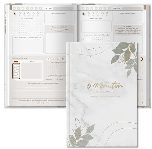 BIROYAL 5 Minuten Tagebuch für Erwachsene A5-192 Seiten Achtsamkeitstagebuch, 20 Wochen Dankbarkeitstagebuch zum Ausfüllen - Notizbuch für Dankbarkeit, Achtsamkeit, Selbstliebe & Motivation