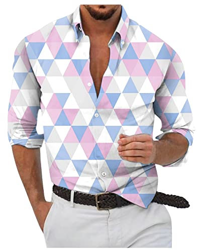 Generisch Rockabilly Herren Outfit, Hemd Langarm Regular Fit Business Oberhemd Button Down Hemden Schwarzes Manschettenknöpfe (3XL, Light Purple)