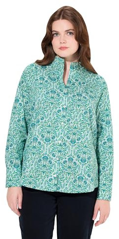 Ulla Popken Damen große Größen Übergrößen Plus Size Bluse, Landhausdruck, Kelchkragen, Langarm Petrol 46+ 832209420-46+