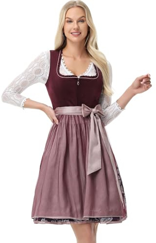 TrendiMax Damen Midi Dirndl - Elegantes Trachtenkleid Samt Dirndlkleid für Oktoberfest mit Dirndlschürze, Dundkelrot, 46