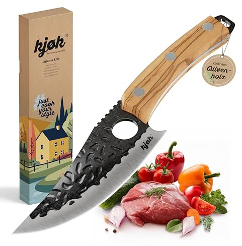 kjøk Premium Messer, scharfes Grillmesser, Härte 56±2 HRC, Küchenmesser, Japanmesser mit Loch und Griff aus Olivenholz, japanisches Kochmesser für Küche und Outdoor, Chefmesser BBQ Vatertagsgeschenk