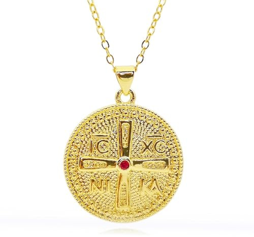 Vergoldete gepunktete IC-XC-NIKA-Kreuz-Medaillen-Halskette, roter Zirkonia, orthodoxes byzantinisches Kreuz, Halskette mit O-Kette, Jesus Christus erobert Medaillon, östlich-orthodoxer Schmuck,