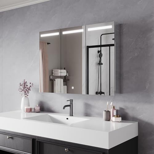 SIRHONA Armoire Toilette Miroir avec éclairage LED Salle de Bain avec Étagères en Verre Réglables 90x11x64cm Gradation Continue de 3 Couleurs Métal Armoire de Toilette Blanc
