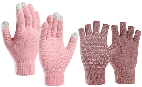 JSTHHTT 2 Pares Guantes Termicos Para el Clima Frío al Aire Libre, Guantes Invierno Hombre Mujer, Guantes sin Dedos para Mujer, Guantes Tactiles Movil Smartphone para Antideslizantes (Rosa)