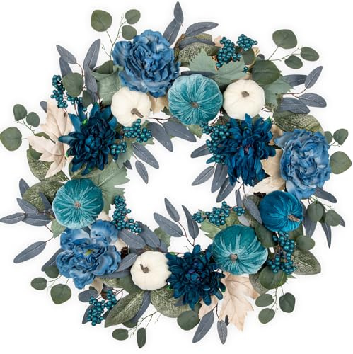 Oairse Blue Fall Wreaths for Front Door 26 Inch Large Artificial Wreath with Velvet Pumpkins Silk Flowers Berries Autumn Door Wreath for Thanksgiving Harvest Indoor Outdoor Farmhouse Decoration