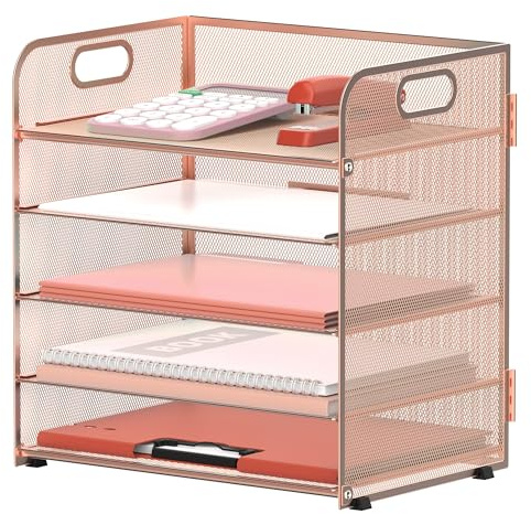 Supeasy 5 Trays Papier Organizer Brief Tray mit Griff-Mesh Schreibtisch Datei Organizer, Papier Sortier Schreibtisch Organizer für Büro, Haus oder Schule (Rose Gold)