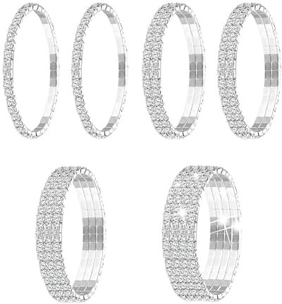 FDCGAS 6 Stücke Strass Stretch Armband bracelet damen ärmelhalter damen Tennis Armreif Silber Stapelbar Strass Armband Hochzeit Schmuck für Frauen Braut Mädchen