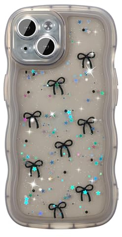 ZTOFERA Curly Wave Frame Case for iPhone 13 6.1, Glitter Sparkle Star Bow Phone Case, Soft TPU Shockproof Protective Bumper Cover, Black Bow