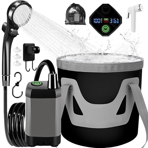 Campingdusche, 6000mAh Camping Dusche mit Temperaturanzeige und Klappbarer Eimer, Mobile Dusche für Camping, Outdoor Dusche, Haustier, Notfall