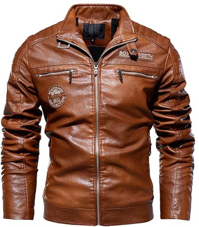 Giacca di Pelle da Uomo, Leggera Sottile con Tasca sulle Maniche Giubbotto Bomber Giaccone Giacca Chiodo Pelle Biker Motociclista Giubbotto Moto Estivo Giacca Lunga alla Moda, Classica, Nero