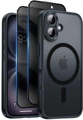 HeIssitot Magnetic for iPhone 16 Case, with Privacy Screen Protectors X2, [Camera Protection] [15FT Military Drop Protection] Translucent Matte Back Slim Shockproof Phone Cover, Black