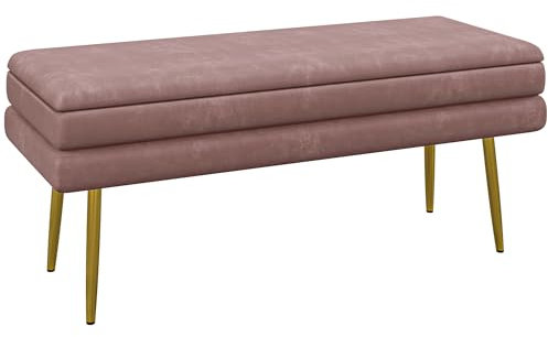 HOMCOM Sitzbank, Polsterbank mit Stauraum, Samtoptik, Bettbank mit Stahlbeine, Schuhbank, Aufbewahrungsbank für Wohnzimmer, Schlafzimmer, Rosa, 100 x 37,5 x 42 cm