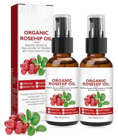 2 Stück Hagebuttenöl Bio Kaltgepresst, Pure Rosa Mosqueta öl, Rosehip Oil Organic Cold Pressed, Natürlich Anti-Aging Anti-Falten Premium Hagebuttenöl für Gesicht, Körper, Haare, Haut, Nägel