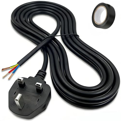 10 Amp Plug UK, with Insulating Tape, 3 Core Electrical Cable with 10A Fused, Compliant with BS-1363 Standard, 1.5 Metre (4.9ft) UK Plug Power Cord Compatible with Various Electrical Equipment, Black