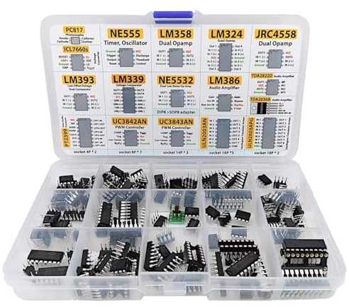 Tressify XL Ic Chip Assortment 150 Pcs Integrated Circuit Kit, W/Adapters, Pc817 Ne555, Op Amps, Oscillators, Audio Processor, for DIY Electronic Projects
