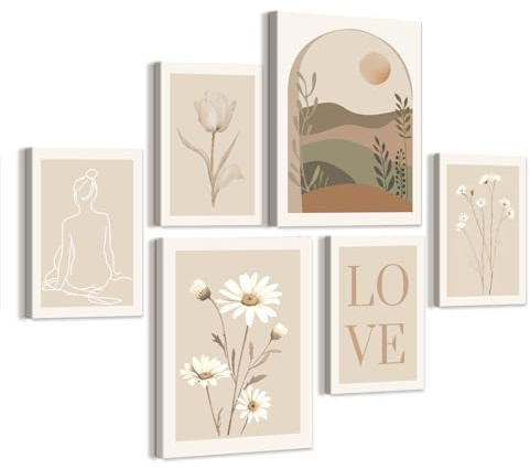 WENGTIAO 6 Stück Boho Beige Leinwand Bilder Kunstdrucke Gerahmt | Minimalistische Blumen LOVE, Abstrakte Geometrische Botanische Wandbilder für Moderne Wanddeko Wohnzimmer Schlafzimmer