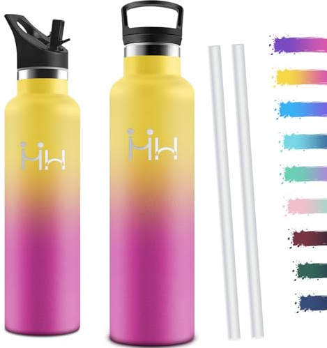 Motswedi Gourde Isotherme 1l, avec Paille, Bouteille Isotherme, Anti-Fuite, Thermos, Poignée de Transport, Gourde Inox, Réutilisable, Thermos 1l pour Voyage, Camping, Sport, Gym, Jaune & Rose