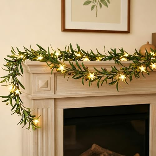 Fielegen Ghirlanda artificiale illuminata di oliva per decorazione camino, 20 LED, 1,8 m, ghirlanda natalizia a batteria, con luci per tavolo, camera da letto, archi di nozze, scale, decorazione