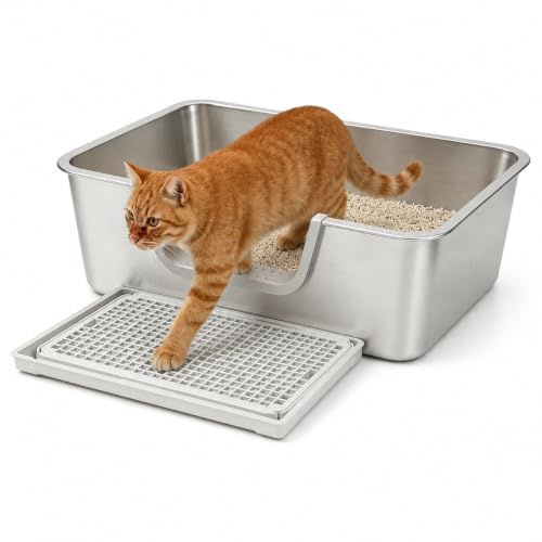 Edelstahl Katzenklo Groß XXL mit Sieb, Hoher Rand & Niedriger Eingang, Geruchsfrei, Leicht zu Reinigen, Katzenklo Metall für Große Katzen & Mehrkatzenhaushalte, 60×40×20cm