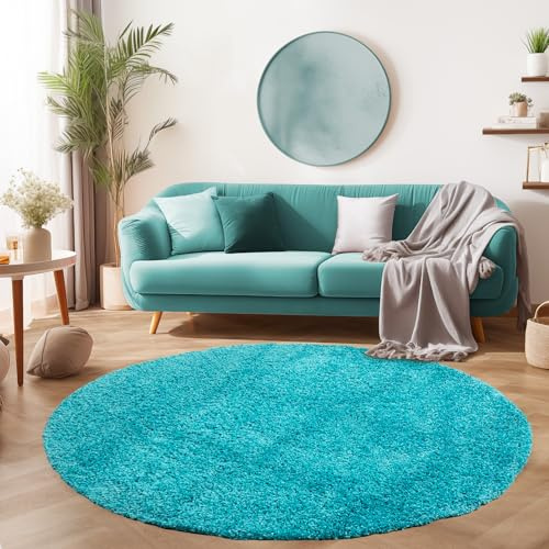 SIMPEX Flauschiger Teppich Wohnzimmer Schlafzimmer Läufer Flur Esszimmer Küchenteppich Hochflor Einfarbig Modernes Design 30 mm Florhöhe Kuschelweich, Türkis, 120 cm Rund