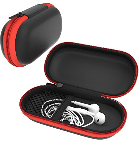 EAZY CASE Universal Tasche für In-Ear Kopfhörer mit Netzfach - Hardcase Aufbewahrungsbox, Schutztasche mit umlaufenden Reißverschluss, extra klein, oval, Rot