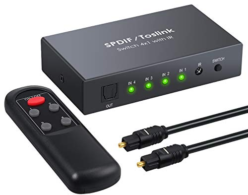 Conmutador Audio Óptico 4 Entradas Switch Óptico SPDIF con Mando Conmutador Toslink Cables Soporte LPCM2.0 DTS Dolby-AC3 para PS3 VHS Blue-Ray DVD y Amplificadores de Audio