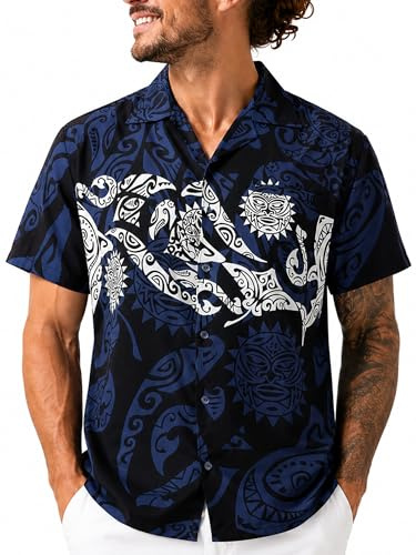 King Kameha Herren Hawaiihemd Kurzarm – Sommer Aloha Shirt mit Maori-Print, leicht und pflegeleicht