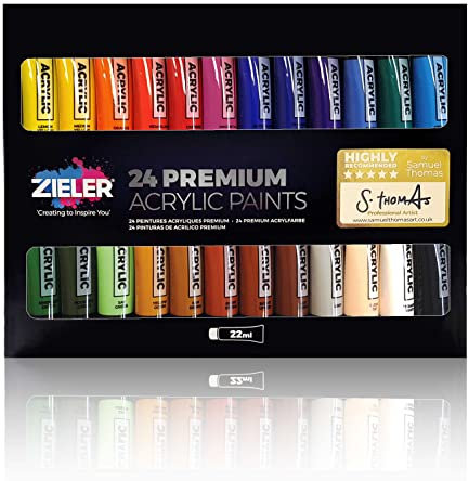 Zieler Premium Acrylfarben-Set (24 große 22 ml Tuben) ideal für Papier, Leinwand, Holz, Keramik, Stoff & Handwerk Lebendige Farben & reichhaltige Pigmente