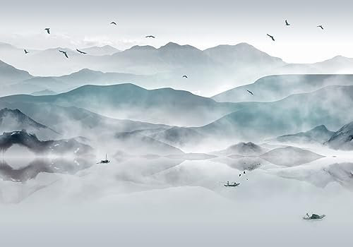 STROXTH WALLPAPER Papier Peint Tropical Panoramique Sur Mesure Soie Effet 3d Bleu Montagne Paysage Mer Motif Chinois Oiseaux Fumée Colorees Zen Nature Chambre Salon Poster Geant Mural