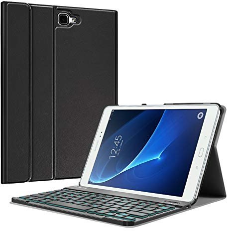 FINTIE Tastatur Hülle für Samsung Galaxy Tab A 10,1 2016 T580N/ T585N - Schutzhülle mit [Hintergrundbeleuchtung in 7 Farben] magnetisch Abnehmbarer drahtloser Deutscher Bluetooth Tastatur, Schwarz