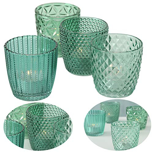 LS-LebenStil 4X Glas Teelichthalter Retro Petrol Türkis 7cm 4´er Set Kristall Ornament Teelicht-Gläser Windlicht-Halter Kerzenständer Tischdeko Kerzen Deko Kerzenhalter für Teelichter Hochzeit