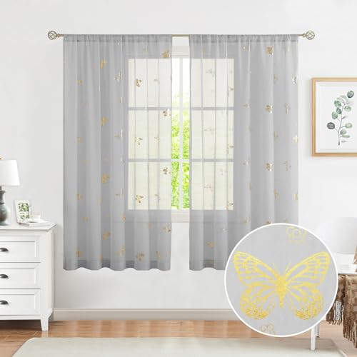 Jubilantex Juvenile Vorhang mit Schmetterling-Motiv, Metallic-Druck, Leinenstruktur, Voile, transparente Stangentasche für Kinder, Gardinen-Sets für Wohnzimmer, 2 Vorhänge, 132,1 x 160 cm, grau
