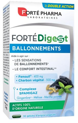 Forté Pharma – Forté Digest Ballonnements | Confort Intestinal | Complément Alimentaire Digestion - Charbon végétal, Fenouil, Gingembre | 30 gélules, 3/jour