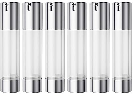 longway 1.7oz/50ml Airless Pump Bottles Silver Airless Cosmetic Cream Pump Bottle Travel Size Dispenser Refillable Containers（Pack of 6）