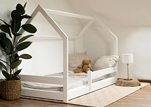 Weißes Hausbett - Hausbett für Kinder - Montessori Hausbett - handgemachtes Bett für Kleinkinder - Holzhausbett - Cottage Bett Kleinkinderbett - vielseitiges Holz Kinderbett für Jungen & Mädchen