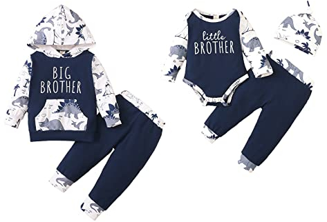 Hinzonek Kleinkind Baby Jungen Dinosaurier passendes Outfit Little Big Brother Langarm Strampler Hoodie Top Hose Cap Kleidung Set (3-6 Monate, Little Brother/Dunkelblau)