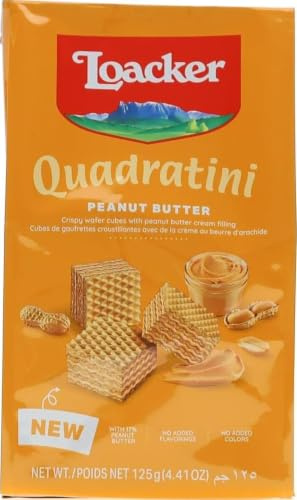 Loacker Quadratini Peanut Butter, Wafer per Colazione, Fragranti Cialde con Deliziosa Crema al Burro d'Arachidi, Snack Dolci, 1 Confezione da 125g