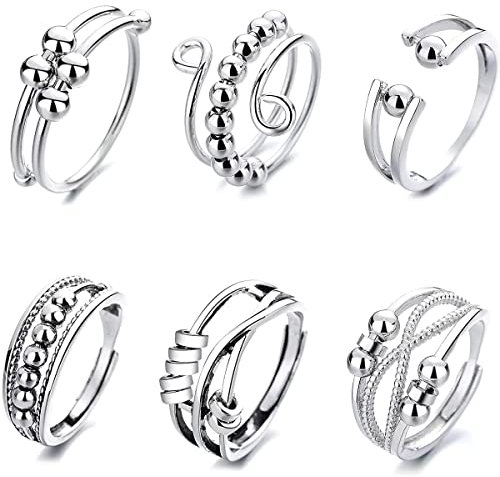 Hillylolly Ringe Frauen Set - 6 Stücke Spinner Drehbar, Angst Verstellbar, Antistress, Perlen, Bead, Anxiety, Fidget, Stapelbare Ringe (Silber)