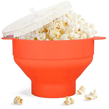 BuyWeek Microwave Popcorn Popper, Large Popcorn Bowl Silicone Microwave Hot Air Popcorn Popper Bowl with Lid for Home(Orange)
