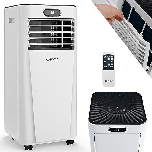 COSTWAY Climatiseur Portable 4 en 1, 2,6KW, 9000 BTU, avec Rafraîchissement, Déshumidification, Ventilateur, Mode Veille, Minuterie 24h et Affichage LED, Télécommande, Blanc, Classe Energie A