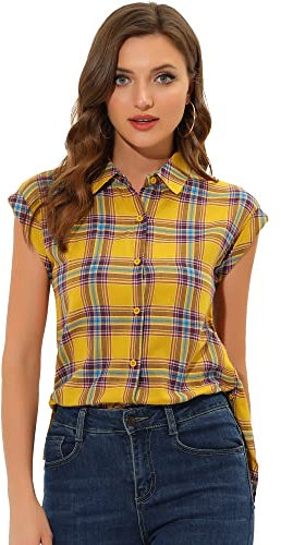 Allegra K Manche Col roulé Pointe Bouton Chemise Carreaux Jaune M