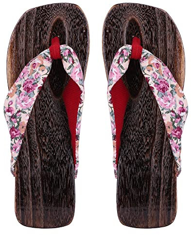 Geta Sandales japonaises en bois pour femme,Sandales kimono,Pantoufles japonaises traditionnelles,Pantoufles d'été,Sandales habillées à talon plat,Kimono Geta pour la maison et la plage, rose, 36 EU