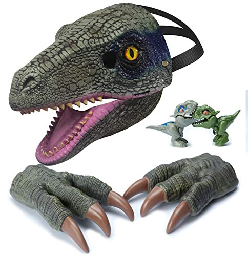 TUKIIE Dino Maske mit Beweglichem Kiefer, 2 Dino Claws, 2 Klein Dino Spielzeug, Dinosaurier Party maske Halloween Dino Kostüm, Halloween Deko Dinosaurier Maske Geschenk für Kinder Erwachsene